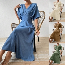 Fashion Solid Color Ruched V-neck Batwing Short Sleeve High-rise Cotton and Linen Midi Dress