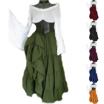 Vintage Ruffle Off-the-shoulder Long Sleeve Lace-up Cinch Waist Tiered Women's Dress-for Cosplay Custome and Holloween Custome