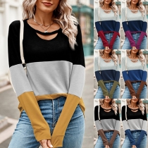 Fashion Crew Neck Front Cutout Long Sleeve Contrast Color Shirt