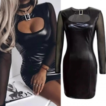 Sexy Buckle Crew Neck Front Cutout Gauze Spliced Long Sleeve Artificial Leather PU Bodycon Party Dress