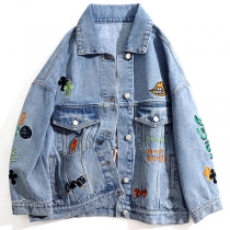 Street Fashion Embroidery Stand Collar Long Sleeve Old-washed Denim Jacket