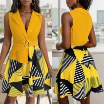 Fashion Notch Lapel Sleeveless Floral Printed Dress