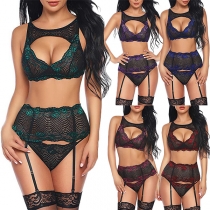Sexy Contrast Color Front Cutout Three-piece Lingerie Set