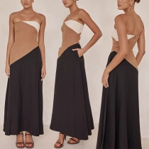 Sexy Contrast Color Strapless Maxi Dress