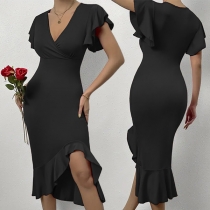 Fashion V-neck Ruffle Short Sleeve High-rise Ruffle Irregular Hemline Bodycon Dress