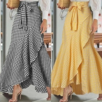 Elegant Plaided Self-tie High-rise Ruffle Irregular Hemline Maxi Skirt
