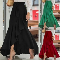 Elegant Self-tie High-rise Ruffle Irregular Hemline Maxi Skirt