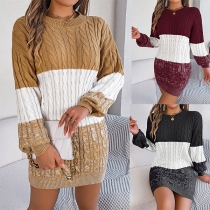 Fashion Contrast Color Crew Neck Lantern Long Sleeve Knitted Cable Pattern Sweater Dress