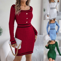 Fashion Contrast Color Stripe Printed Square Neck Button Long Sleeve High-rise Knitted Sweater Dress