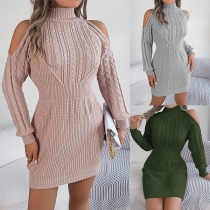 Fashion Turtleneck Open-shoulder Long Sleeve Knitted Cable Pattern Bodycon Sweater Dress