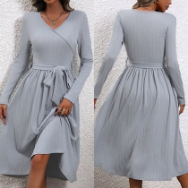 Fashion V-neck Long Sleeve Gray Dress with Self-tie Belt