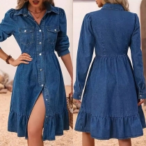 Fashion Stand Collar Long Sleeve Front Button Ruffle Hemline Denim Dress