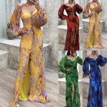 Fashion Floral Printed Ruched Rhinestone Sweetheart Neckline Lantern Long Sleeve Front Slit Maxi Party Dress