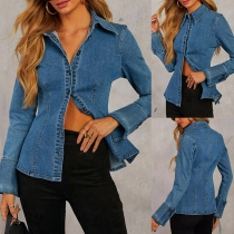 Fashion Stand Collar Long Sleeve Button Denim Shirt