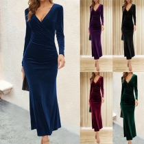 Elegant Solid Color V-neck Long Sleeve Fishtail Hemline Dress
