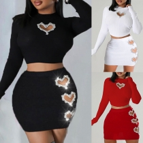 Sexy Rhinestone Heart Cutout Two-piece Set Consist of Crop Top and Mini Skirt