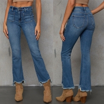 Fashion Patch Pockets Mid-rise Fray Hemline Old-washed Denim Jeans