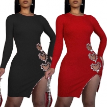 Sexy Crew Neck Long Sleeve Rhinestone Heart Cutout Side Slit Bodycon Dress
