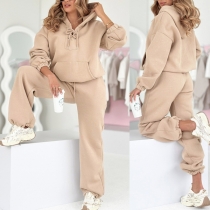 Fashion Button Sport Two-piece Set Consist of Hooded Sweatshirt and Sweatpants with Button Wide-leg