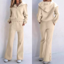 Fashion Button Sport Two-piece Set Consist of Hooded Sweatshirt and Sweatpants with Button Wide-leg