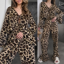 Fashion Leopard Printed Two-piece Set Consist of Crop Top and Wide-leg Pants