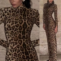 Fashion Leopard Printed Mock Neck Long Sleeve Bodycon Maxi Dress