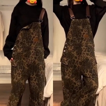 Vintage Leopard Printed Front Patch Pockets Loose Suspender Jumpsuit