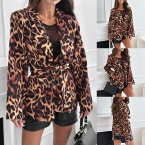 Fashion Leopard Printed Notch Lapel Long Sleeve Self-tie Blazer