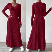 Fashion Crew Neck Long Sleeve Ribbed Maxi Dress