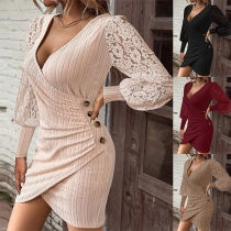 Fashion Jacquard Lace Spliced Long Sleeve V-neck Side Button Irregular Hemline Bodycon Dress