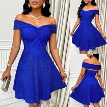 Sexy Bling-bling Off-the-shoulder Front Ruched Back Cutout Mini Dress