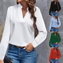 Fashion Solid Color V-neck Long Sleeve Shirt