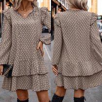 Fashion Floral Printed V-neck Long Sleeve Tiered Dress