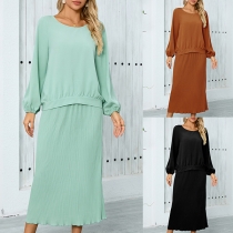 Casual Ribbed Two-piece Set Consist of Long Sleeve Shirt and Skirt