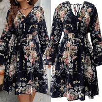 Fresh Style Floral Printed V-neck Long Sleeve High-rise Mini Dress