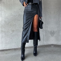 Fashion High-rise Side Slit Artificial Leather PU Skirt