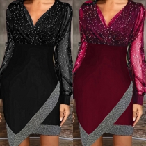 Fashion Bling-bling Gauze Spliced V-neck Long Sleeve Irregular Hemline Bodycon Dress