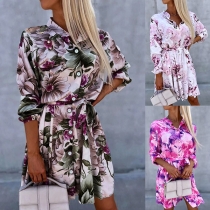 Fashion Floral Printed Stand Collar Long Sleeve Self-tie Shirt Dress