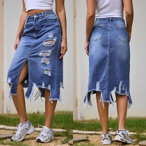 Street Fashion Distress Front Slit Fray Hemline Denim Skirt