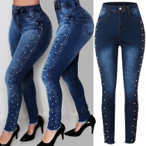 Fashion Bead High-rise Frayed Hemline Skinny Denim Jeans