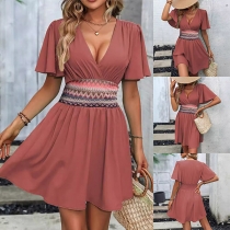 Fashion V-neck Short Sleeve Printed Cinch Waist Mini Dress