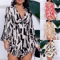 Fashion Printed Stand Collar V-neck Long SLeeve Side Drawstring Dress
