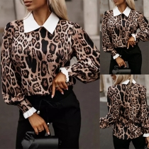 Fashion Leopard Printed Stand Collar Long Sleeve Shirt