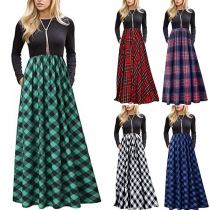 Fashion Contrast Color Plaid Printed Crew Neck Long Sleeve Maxi Dress