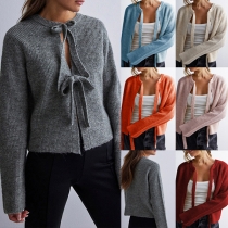 Street Fashion Solid Color Front Self-tie Bowknot Long Sleeve Knitted Cardigan