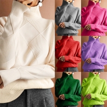 Fashion Turtleneck Long Sleeve Diamond Pattern Knitted Sweater