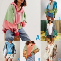 Casual Contrast Color Batwing Sleeve V-neck Hooded Sweatshirt