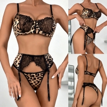 Sexy Leopard Printed Lace Spliced Three-piece Lingerie Set