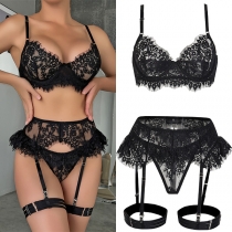 Sexy Semi-through Lace Three-piece Lingerie Set