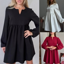 Fashion Slit V-neck Long Sleeve Loose Mini Dress